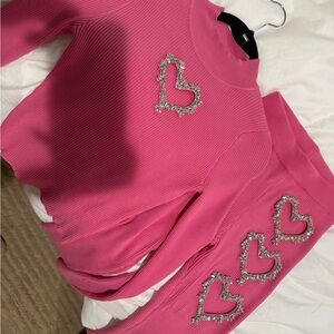 Pink Knit Set with Heart Embellishments